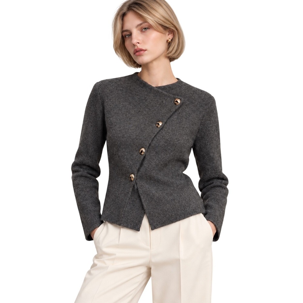 Title
Zara Gray Wool Blend Asymmetrical Gold Button Cardigan S Corporate Chic